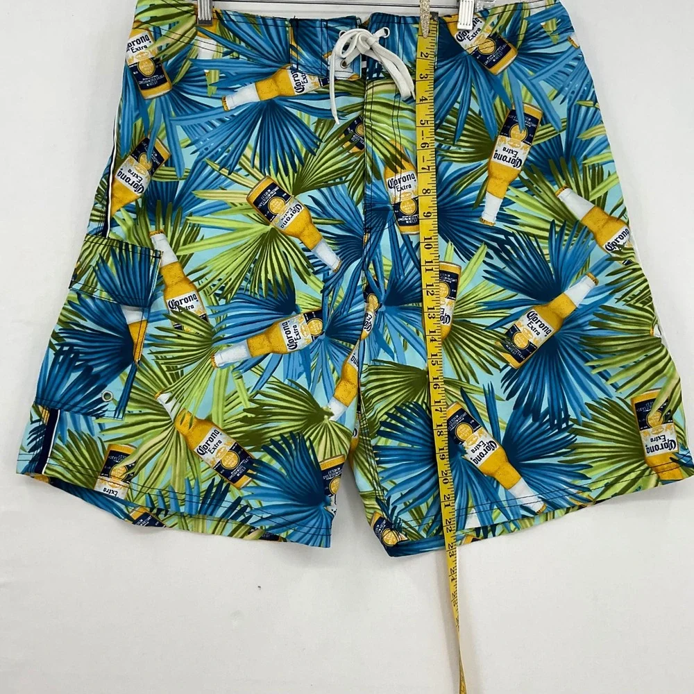 Corona Extra Mens Board Shorts Size 38 Blue Tropical Palm Beer Bottle Swim Trunk